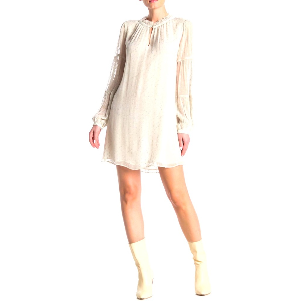 NWT Frame Shirred Mock Neck Elegant Metallic Silver Dotted Off-White Dress